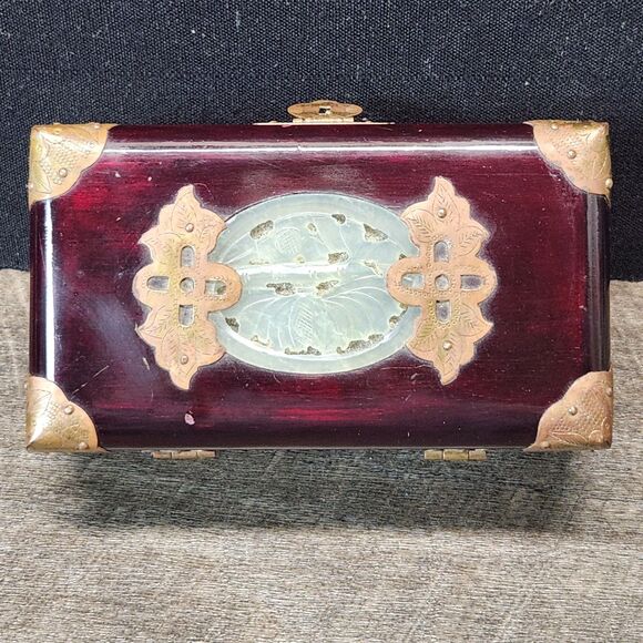 Vtg Chinese Wood Jewelry Keepsake Box Carved Jade Inlay w/brass 6.75" x 3.5" - Picture 5 of 12